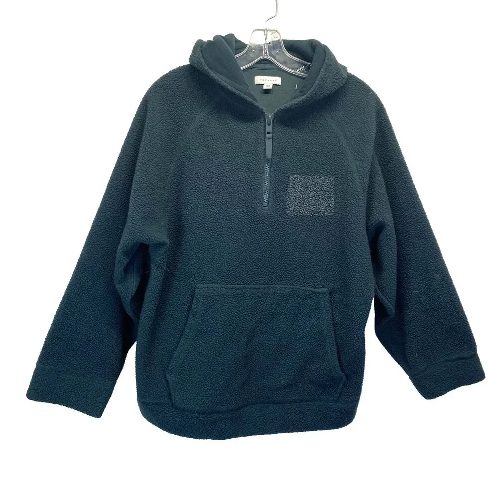 Topshop Green Fleece Sherpa Hoodie 1/4 Zip Pullover Jacket Women's US 4-6 FLAW